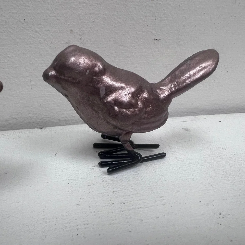 Set of 4 EBOT Metallic Rose Gold Bird Figurines with Black Wire Feet Cast Iron